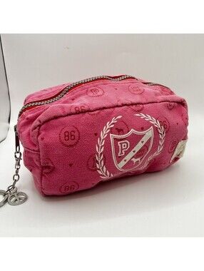 Victoria's Secret PINK Vintage Canvas Cosmetic Pouch Hot Pink Striped Lining 86